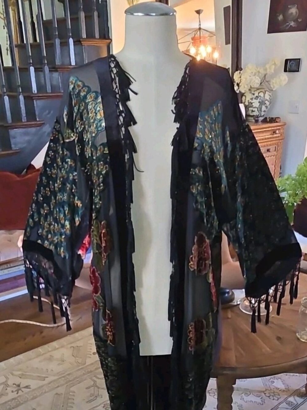 VTG Boho Velvet Burnout Beaded Tassel Fringe Kimono Wrap L Western Fashion 90s